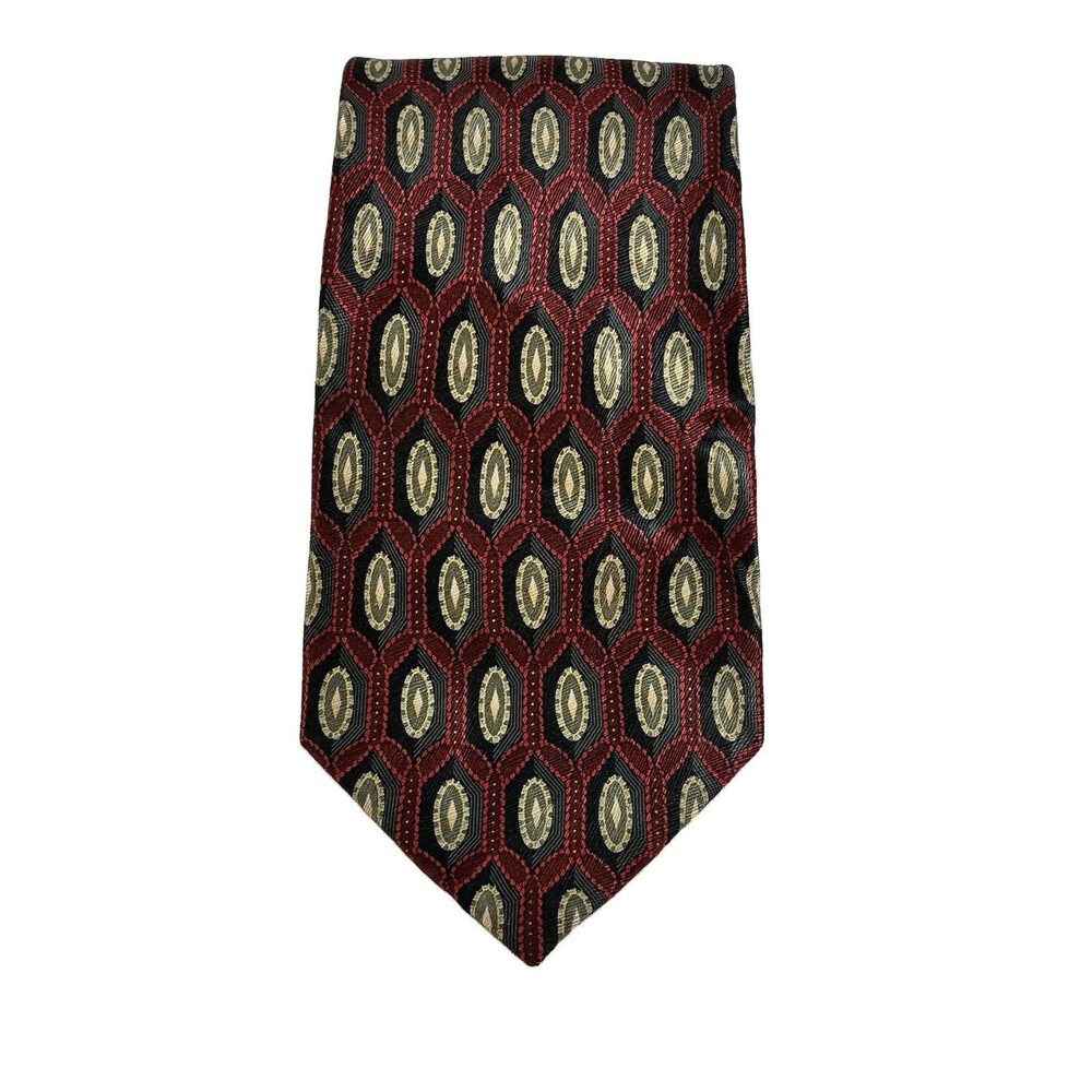 Bergamo New York Silk Necktie Red Black Gold Geometric Medallion